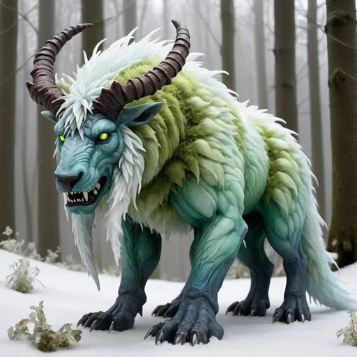 Prompt: The Vernal Frostbeast is a large, imposing creature that embodies the dual nature of March, straddling the line between winter's chill and the budding warmth of spring.

Body: Its body is covered in a mixture of frosty, crystalline scales and patches of soft, mossy fur. The scales glisten with an icy blue hue, reflecting the remnants of winter, while the fur is a vibrant green, symbolizing the new growth of spring.

Head: The monster's head is adorned with two large, curling horns made of what appears to be frozen, translucent ice. These horns glimmer in the light, with a hint of green moss creeping up their bases. Its eyes are deep-set and glow with an emerald green light, giving it a mystical and ancient appearance.

Mouth: Its mouth is filled with sharp, icicle-like teeth, and when it opens its mouth, a cold mist escapes, reminiscent of the last breaths of winter. Around its lips, small budding flowers bloom, adding a touch of life to its otherwise fearsome visage.

Limbs: The Frostbeast's limbs are powerful and muscular, with claws that resemble a mix of frozen ice and emerging plant roots. The claws can dig into both snow and soil, showing its adaptability to the changing seasons.

Back: Along its back, spiny protrusions rise up, each one tipped with a small, blooming flower. These flowers range from delicate snowdrops to vibrant crocuses, indicating the early signs of spring.

Tail: Its tail is long and serpentine, covered in a blend of icy scales and soft moss. At the tip of the tail, there is a cluster of small flowers that emit a gentle, soothing fragrance.

Aura: The Vernal Frostbeast has an aura of swirling mist and tiny, glowing fireflies. The mist is cold and refreshing, while the fireflies add a touch of magic and wonder to its presence.