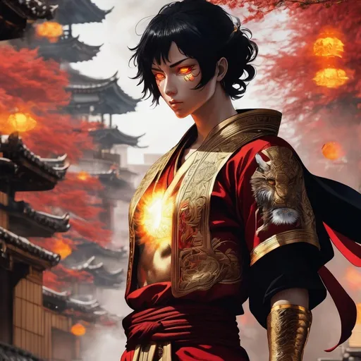 Prompt: (((very high definition anime art))) In this stunning depiction, capturing the intensity of an (((a beautiful 18yo male fire spirit with light skin ))) ((((( short and light black hair with golden  highlights  )))))(((shining golden eyes))), (((wears a red tunica ,black trousers and black fur boots))),(( golden jewelry)),(he stands in a ancient Japanese city next to him is a tiger ), he exudes a fierce and formidable presence. This high-quality image, rendered in 8K Ultra HD, immerses viewers in the intricate details of the scene. Whether it is a digitally enhanced photograph or an intricately painted masterpiece, this visually striking portrayal showcases a female elv in all her powerful glory.  science fiction, active posture