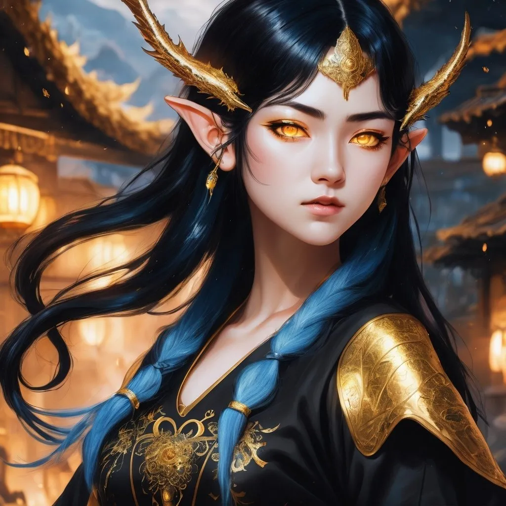 Prompt: (((ultra high definition anime art))) In this stunning depiction, capturing the intensity of (((blue fire spirit of a beautiful 18 year old woman with fair skin))) (((((long, light black hair with gold highlights)) )))(((shining golden eyes))), (((wearing a black and blue tunic, black trousers, and black fur boots))),(( gold jewelry)),(he stood in the ancient Japanese city of next to him was a flying dragon), he exuded a fierce and formidable presence. This high-quality image, presented in 8K Ultra HD, immerses viewers in the intricate details of the scene. Whether digitally enhanced photos or intricately painted masterpieces, these striking visual depictions showcase female elves in all their powerful glory.  science fiction, active posture