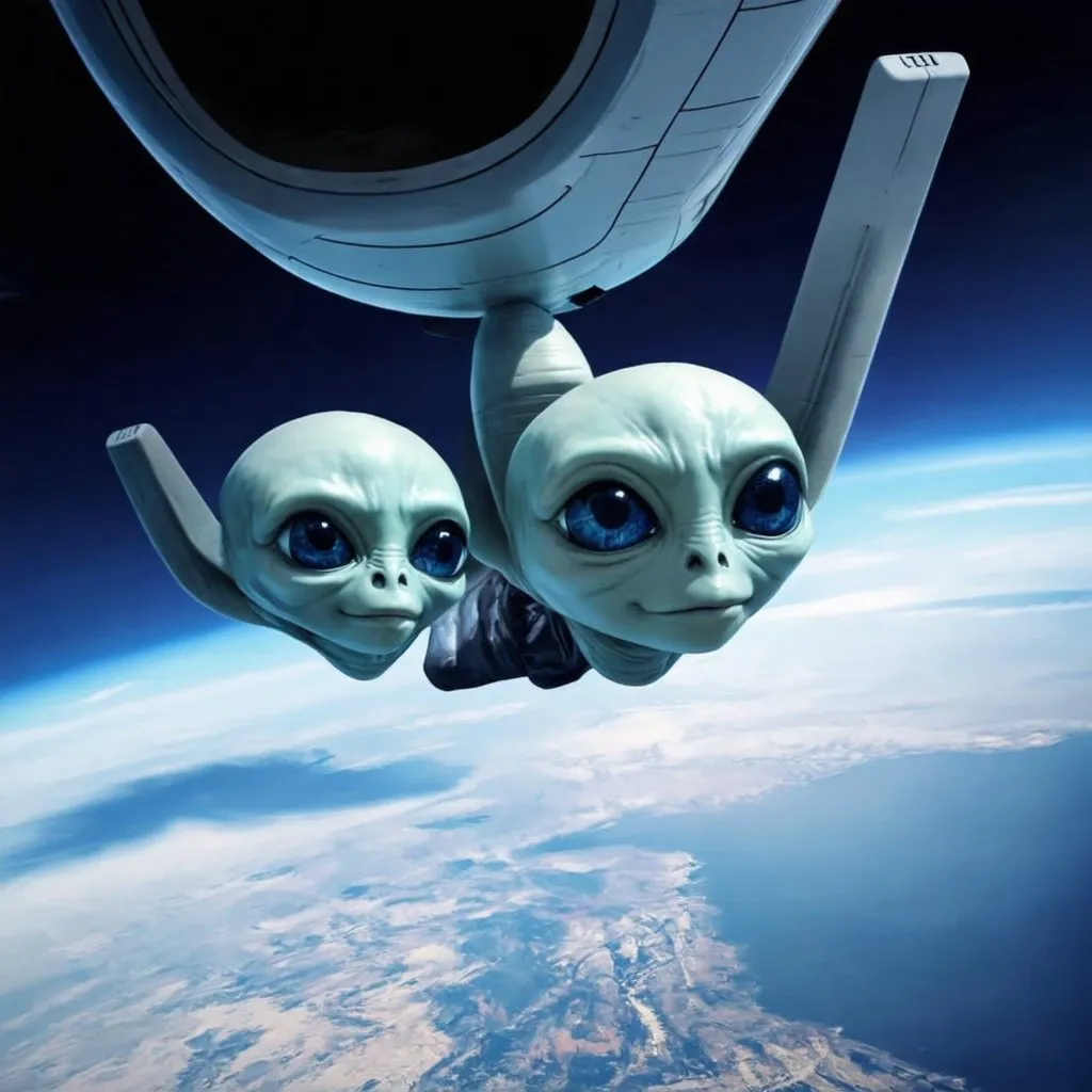 Prompt: aliens coming from outer space are in a plane heading towards earth and looking towards earth, have big heads big eyes dark blue skin ears extending upwards