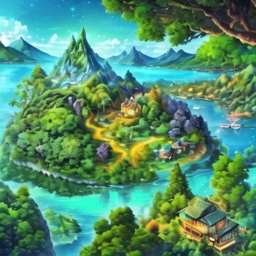 Prompt: small lush green island in the middle of large crystal blue lake with mountains and trees in the background, On the island are varied tropical trees and other plants and a small wooden cabin.