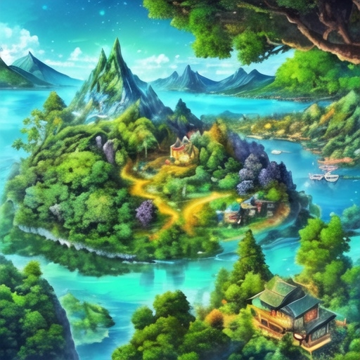 Prompt: small lush green island in the middle of large crystal blue lake with mountains and trees in the background, On the island are varied tropical trees and other plants and a small wooden cabin.