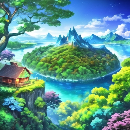 Prompt: small lush green island in the middle of large crystal blue lake with mountains and trees in the background, On the island are varied tropical trees and other plants and a small wooden cabin.