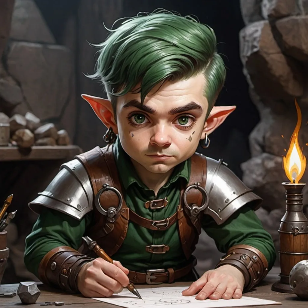 Prompt: dungeons and dragons fantasy art halfling male artificer with dark green hair workshop tinkerer