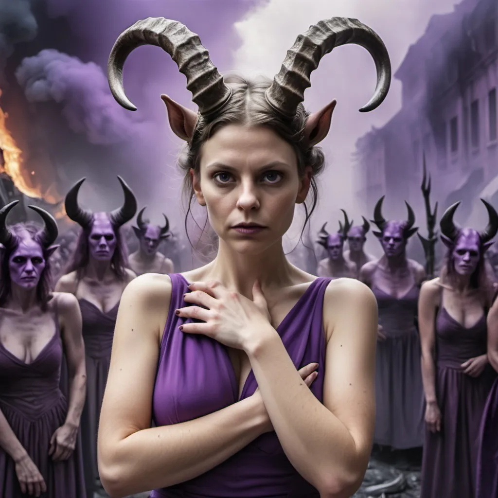 Prompt: a woman with horns and a purple dress is holding her hand up to her chest and looking at the camera, Anna Maria Barbara Abesch, antipodeans, apocalypse, a poster