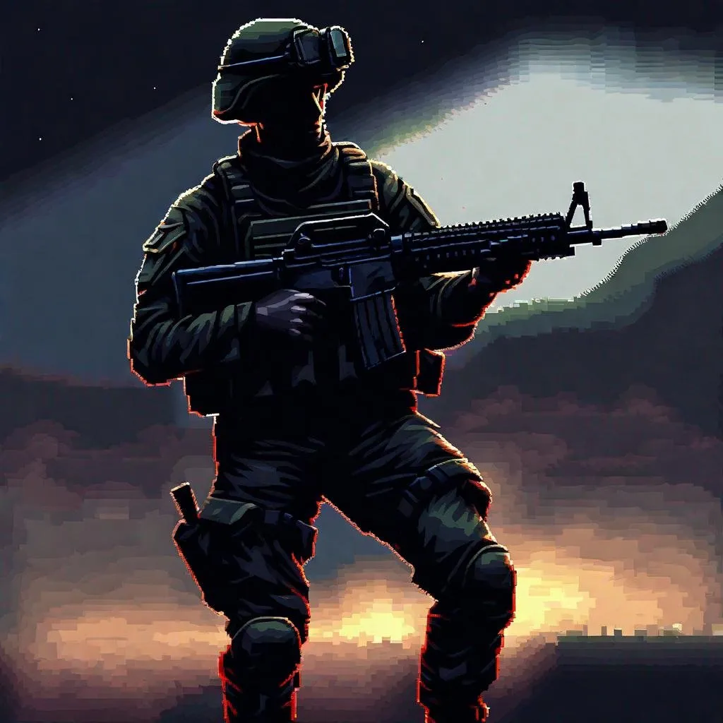 Prompt: make me a painting of idf solider in dark fantasy style + small pixel art