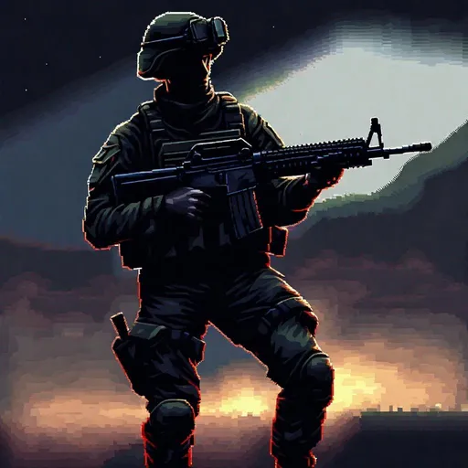 Prompt: make me a painting of idf solider in dark fantasy style + small pixel art