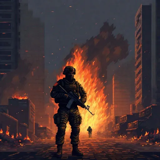 Prompt: make me a painting of idf Special operator at the middle of burning city behind him , in dark fantasy style + small pixel art