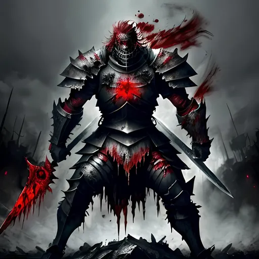 Prompt: Berserker anime knight covered in blood and yelling in anger and standing on pile of bodies. Broken armor and red glowing eyes