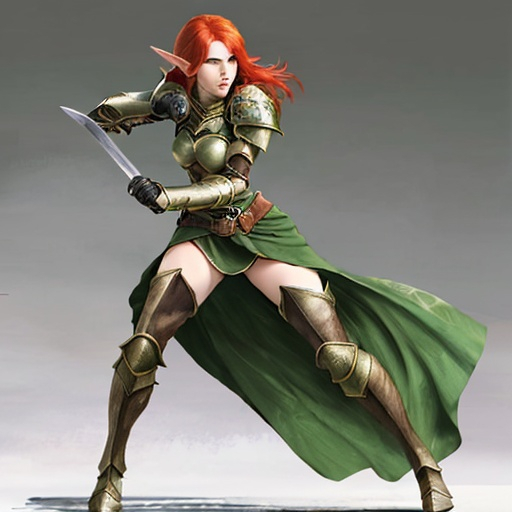 Female elf fighter, greatsword, redhead, green eyes,... | OpenArt