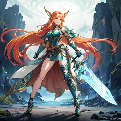 Prompt: A hyper realistic full body image of a (young female elvish fighter with intricately wavy ginger hair) with a (beautiful symmetrical body, beautiful symmetrical face, fierce expression) wearing (an intricate half plate armor with corset) holding a (claymore sword) in a (fantasy setting against a misty underworld backdrop)