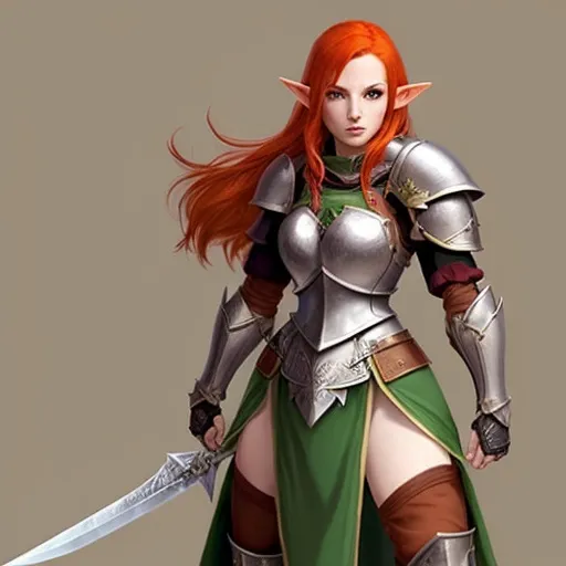 Prompt: Female elf fighter, greatsword, redhead, green eyes, traveler clothes, half plate armor, fullbody
