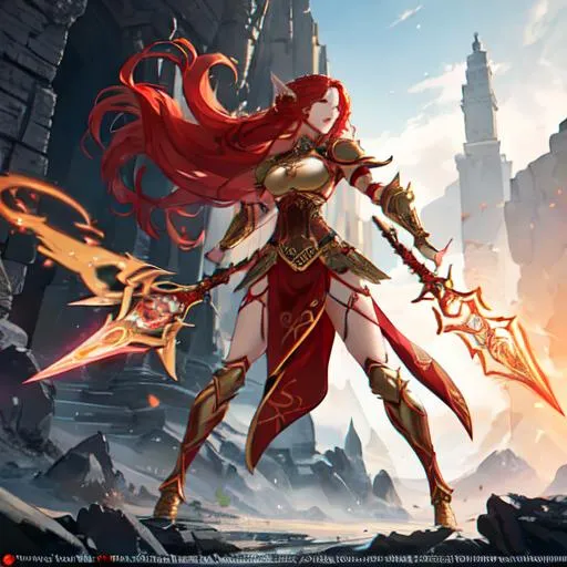 Prompt: A hyper realistic full body image of a (young female elvish fighter with intricately wavy red hair) with a (beautiful symmetrical body, beautiful symmetrical face, fierce expression) wearing (an intricate half plate armor with corset) holding a (claymore sword) in a (fantasy setting against a misty underworld backdrop)