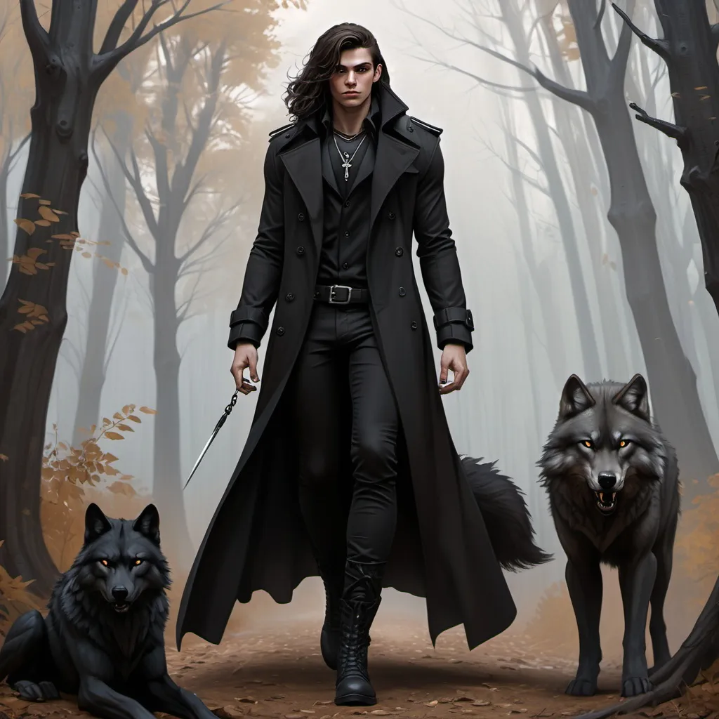 Prompt: hyper-realistic 
, fantasy character art, illustration, dnd, warm tonemale young adult Goliath with long dark brown hair wearing all black trench coat and skin color is Vantablack and wearing black boots and black pants with a silver wolf necklaces with one scar across my nose in the woods