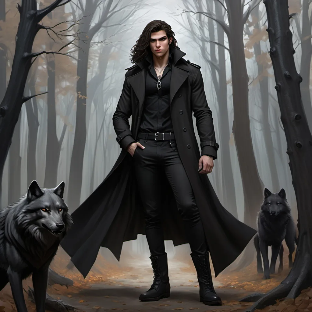 Prompt: hyper-realistic 
, fantasy character art, illustration, dnd, warm tonemale young adult Goliath with long dark brown hair wearing all black trench coat and skin color is Vantablack and wearing black boots and black pants with a silver wolf necklaces with one scar across my nose in the woods