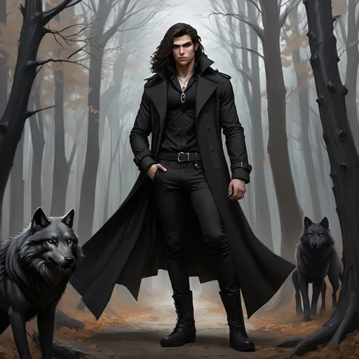 Prompt: hyper-realistic 
, fantasy character art, illustration, dnd, warm tonemale young adult Goliath with long dark brown hair wearing all black trench coat and skin color is Vantablack and wearing black boots and black pants with a silver wolf necklaces with one scar across my nose in the woods