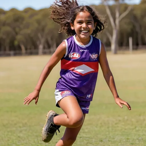 Prompt: An 8 year old Australian Aboriginal girl playing AFL football jumping for a mark and smiling. She is wearing a purple afl guernsey and is on a green grassy football oval with red ochre dirt and bush in the background