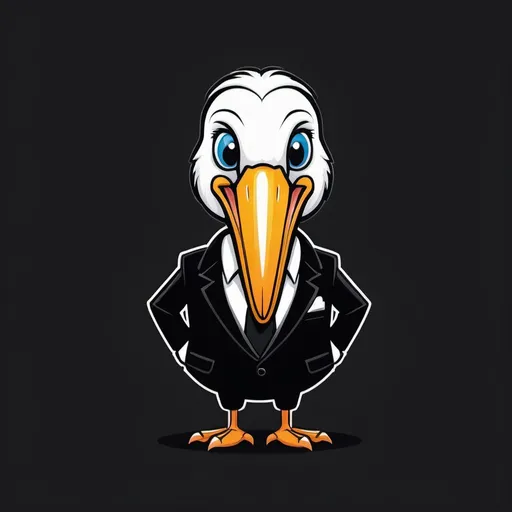 Prompt: Stylized cartoon pelican mascot, vector flat logo, simple lines, cute cartoon illustration, transparent backdrop, pelican stand, have smile , looking you black suit