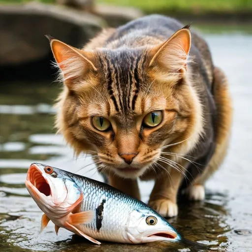 Prompt: A cat eat fish than run