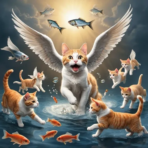 Prompt: a cat that eats fish is chased by angels and dogs