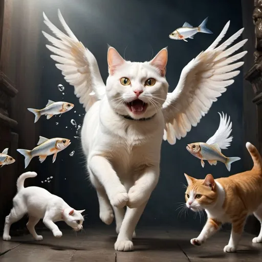 Prompt: a cat that eats fish is chased by angels and dogs