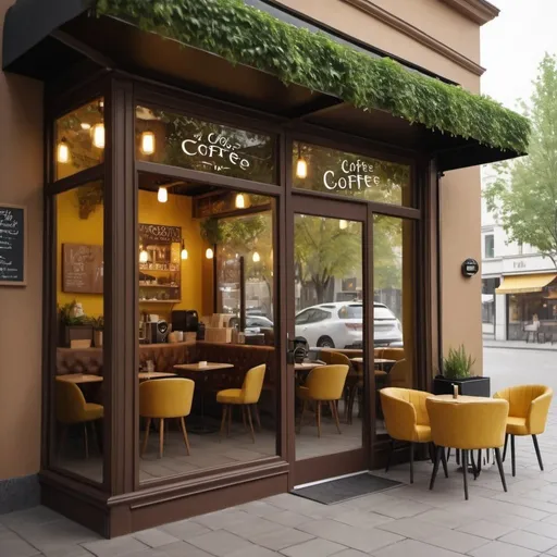 Prompt: high resolution, 4k, detailed, high quality, professional, make a coffee shop with a brown canvas awning. The walls are made of glass, as is the door, and there is foliage inside. The armchairs must be padded with a soft appearance, vibrant yellow and without wooden parts. The focus is only on the front of the establishment, put a reflection on the glass so that the focus is on the outside of the coffee shop.