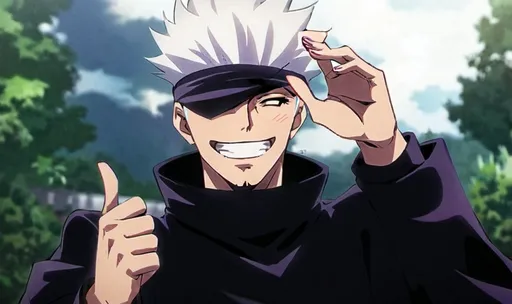 Prompt: Gojo the anime character whith a thumbs up smiling