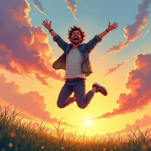 Prompt: A man, caught mid-leap, soars against a backdrop of a vibrant sunset that washes the sky in hues of orange, pink, and purple. His face reflects sheer exhilaration, mouth open in a joyous shout, with strands of his hair caught in the gentle breeze. Below him, the ground is kissed by soft grass, glistening with dew that catches the last glimmers of sunlight. Fluffy clouds drift lazily, adding a whimsical charm to the scene. The atmosphere is electrifying, filled with the promise of freedom and the joy of movement, inviting viewers to feel the thrill of flight. The image would be rendered in a dreamy watercolor illustration style, enhancing the ethereal quality of the moment.