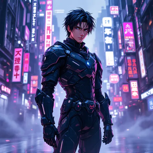 Prompt: handsome anime boy, black hair, futuristic armor, standing confidently, cyberpunk city, neon lights illuminating the streets, detailed high-tech architecture, atmospheric fog, striking contrast between shadows and vibrant colors, night setting, cool color tones, high quality, ultra-detailed, cinematic ambiance, blending science fiction elements with a stylish aesthetic