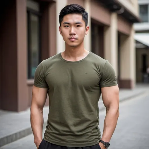 Prompt: Alan, an asian young man handsome with short dark hair and muscular body wearing an olive color t-shirt 