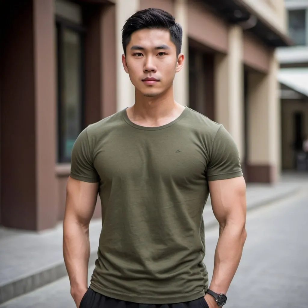 Prompt: Alan, an asian young man handsome with short dark hair and muscular body wearing an olive color t-shirt 