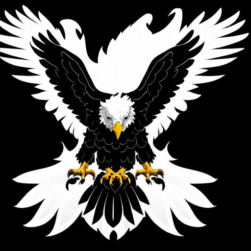 Prompt: Half black and half white graphical eagle with its wings spread and dark background logo