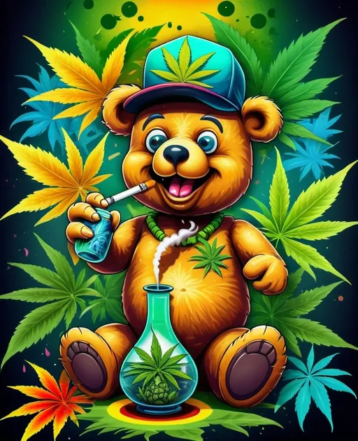 Prompt: ( teddy bear smoking a bong), vibrant colors, (jungle setting), surrounded by lush greenery, intricate patterns of (weed and hashish plate ) elements, surreal composition, (trick of the eye) painting style, captivating visual depth, high detail, sharp focus, logo design integration, eye-catching and dynamic atmosphere, modern artistry suitable for a logo, perfect balance of whimsy and sophistication.