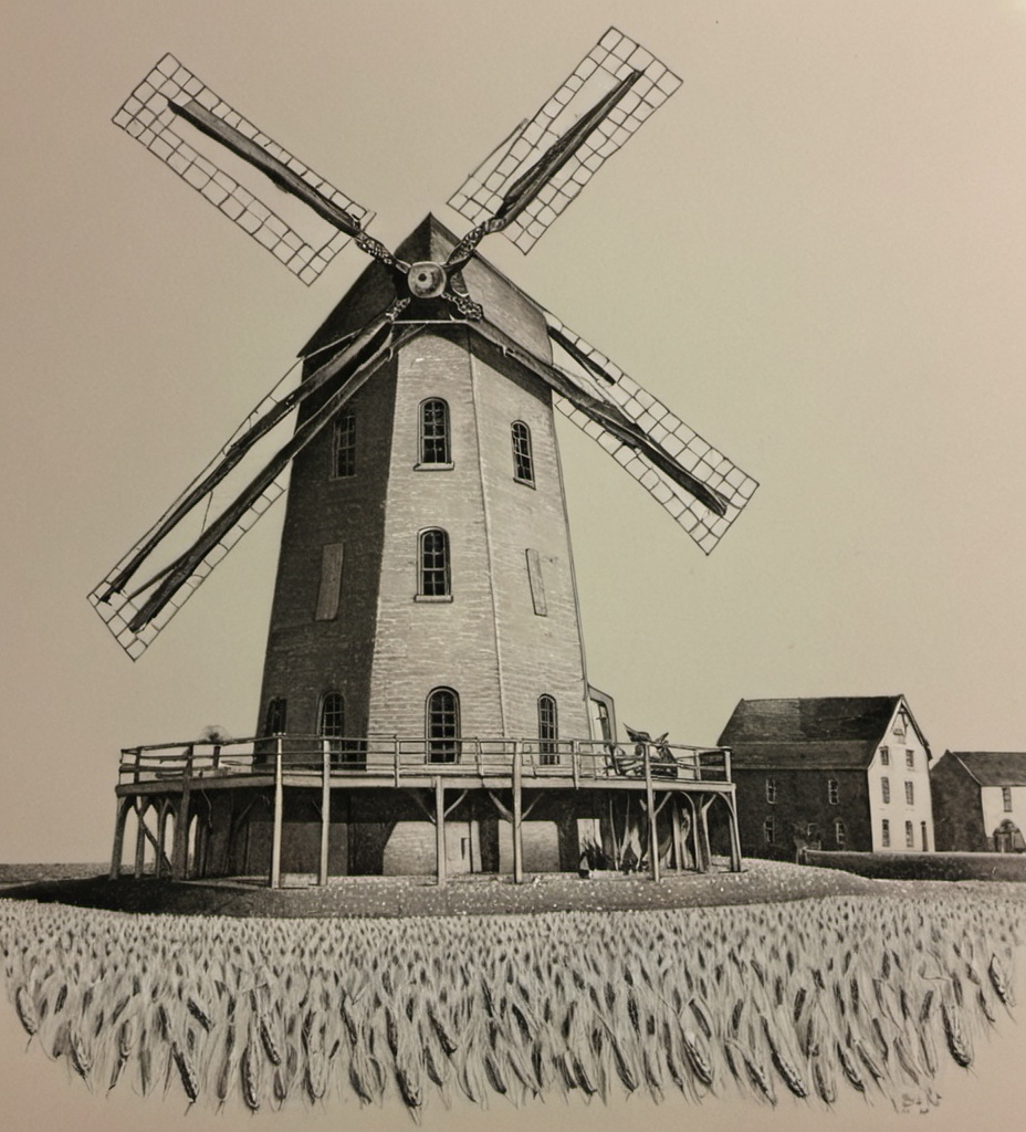 Prompt: drawing of wheat mill