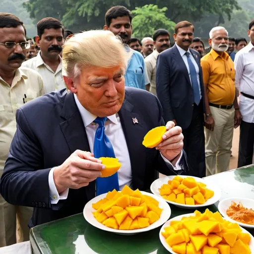 Prompt: Trump eating mango slices in India