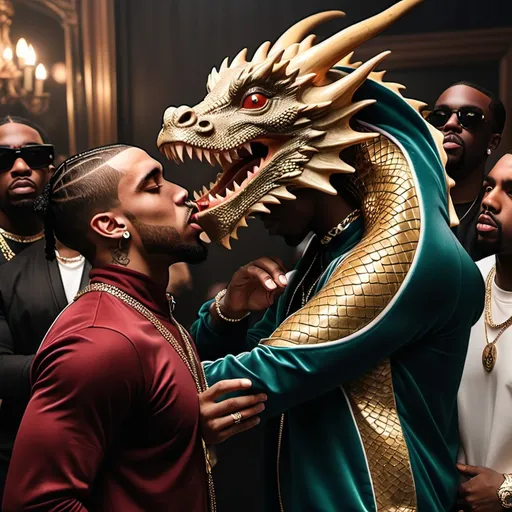 Prompt: dragon attacking king von and opium war starts and kendrick and drake and p diddy start kissing 