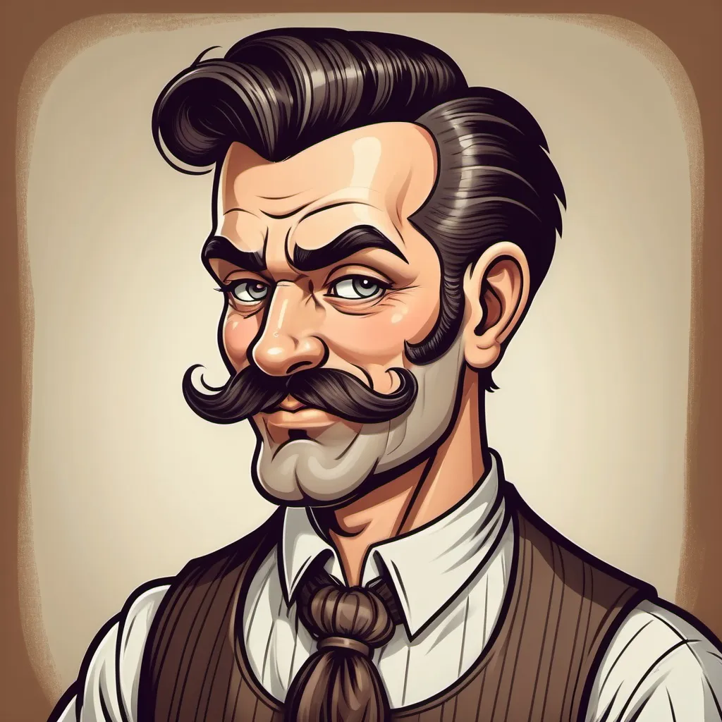 Prompt: an 1800s barber with a smirk on his face done in a vintage cartoon style