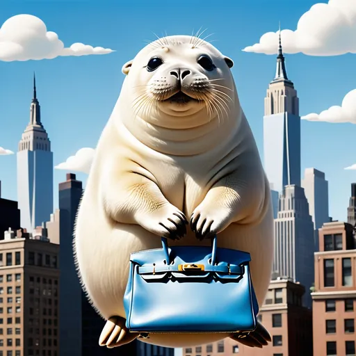 Prompt: "A chubby white seal with long eyelashes and stylish nails, holding a Birkin bag, flying high above the city of New York. The skyline features famous landmarks like skyscrapers and the Brooklyn Bridge in the background, under a bright blue sky with some fluffy white clouds."