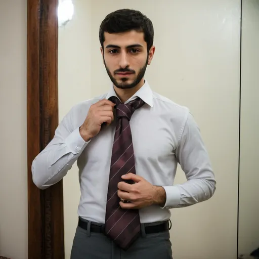 Prompt: An Iranian charming handsome guy 27  year's, standing front of mirror trying to remove his tie stuck in neck, 