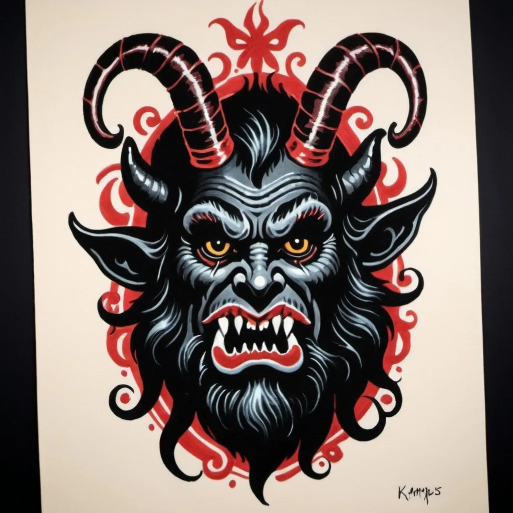 Prompt: 1970s style black velvet painting of an illustrated krampus. Dark mysterious Moody creepy retro vintage tattoo 