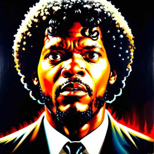 Prompt: 1970's Black velvet painting of Samuel l. Jackson in the movie pulp fiction. In the style of Earl Norem. Vibrant moody lighting, black background. Powerful, crazed, moody, terrifying 