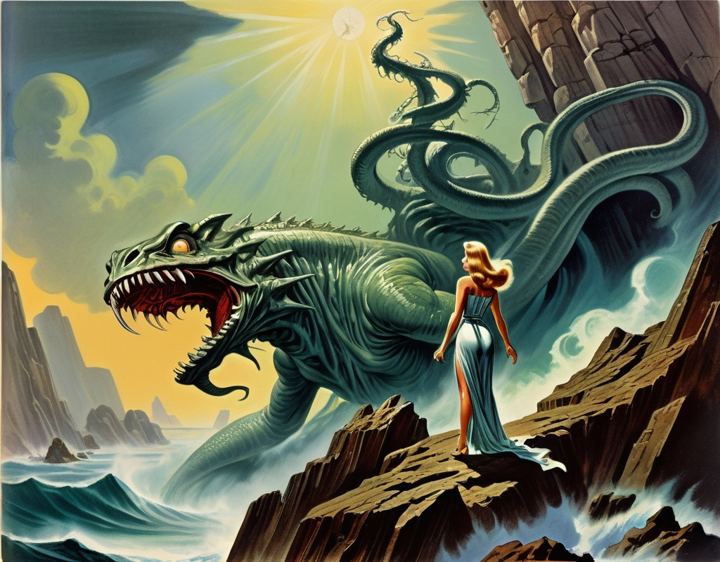 Prompt: (1970s science fiction book cover art in the style of Earl Norem), a priestess woman on a towering cliff facing towards the ocean, dramatic pose, summoning a monstrous Kraken from the turbulent sea, intricate details in the woman's clothing, intricate details on the monster, retro style, HD quality, captivating and adventurous mood.