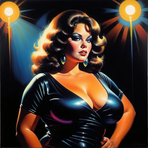 Prompt: 1970s style Black Velvet painting, style of Earl Norem. Featuring attractive plus size curvy sensual disco woman. Moody vibrant glowing contrasting lighting. Black background. Sensual, mysterious intriguing. Dark, moody, sensual. 