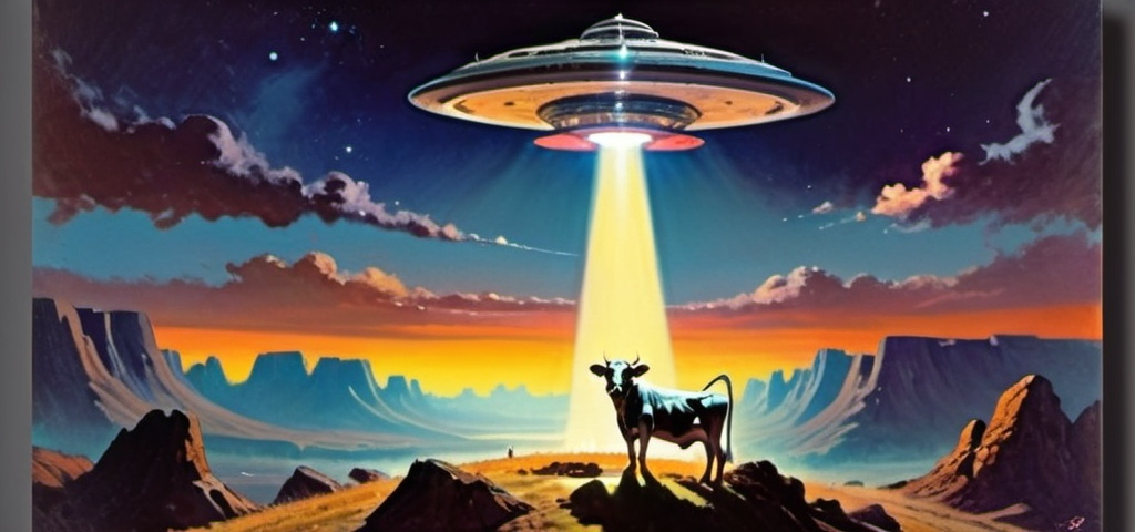 Prompt: 1970s science fiction fantasy cover art by Earl Norem. A cow hovering in the air being beamed up onto a flying saucer in the sky with a light beam coming out of it, Beeple, space art, sci fi, poster art. Night time scene, with moody vibrant lighting, stary sky