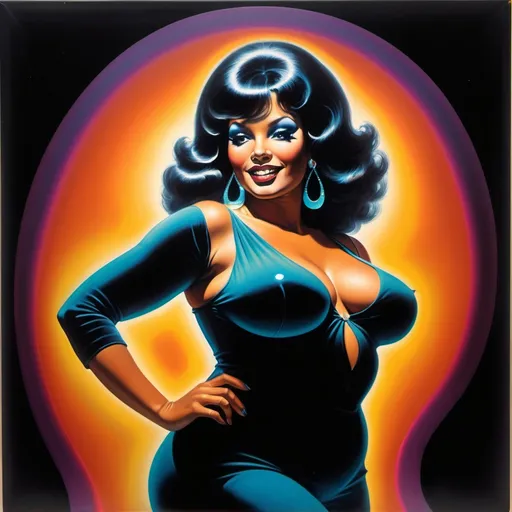 Prompt: 1970s Black Velvet painting of a curvy disco woman. With glowing vibrant Moody lighting. Earl Norem. Sensual. 