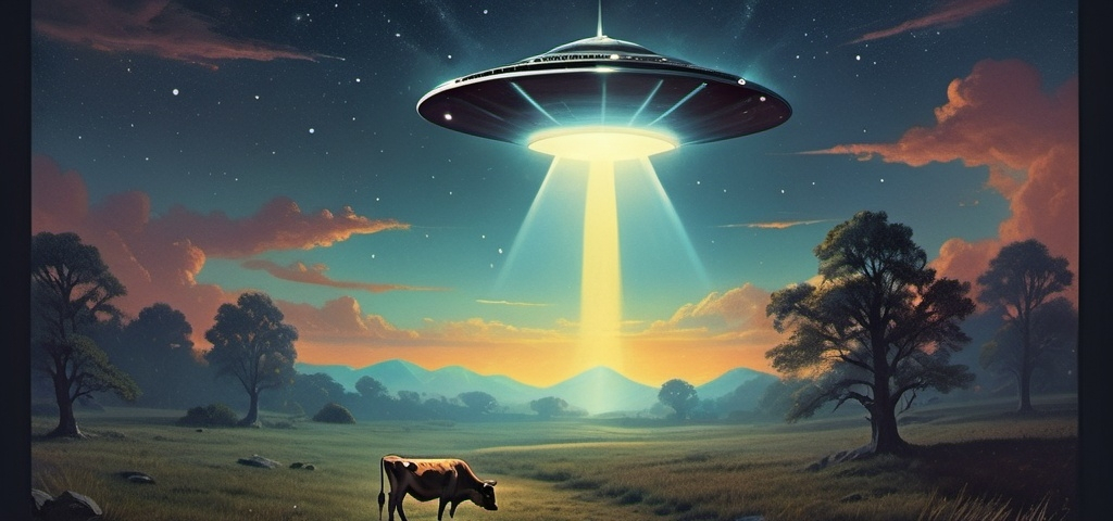 Prompt: (1970s science fiction fantasy cover art), a cow hovering in the air, being beamed up onto a flying saucer, dramatic light beam, (ultra-detailed), sci-fi poster art, vibrant moody lighting, night time scene, starlit sky, cosmic atmosphere, eerie yet captivating vibe, retro aesthetics, high quality.