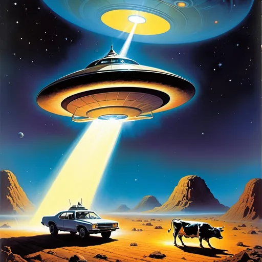 Prompt: 1970s science fiction fantasy cover art by Earl Norem. A cow being beamed up onto a flying saucer in the sky with a light beam coming out of it, Beeple, space art, sci fi, poster art. Night time dessert scene, with moody vibrant lighting, stary sky