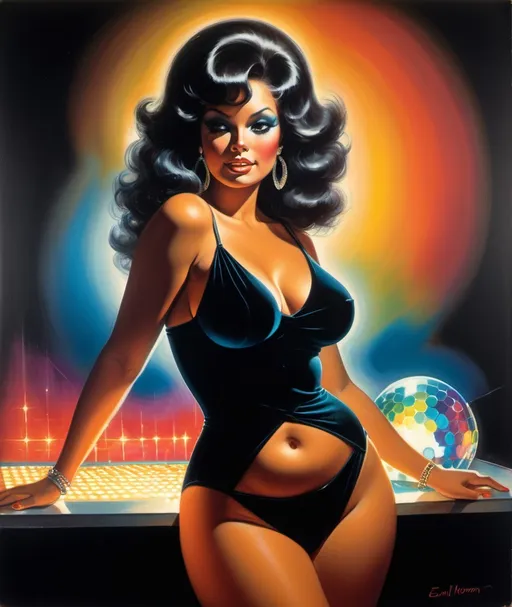 Prompt: 1970s Black Velvet painting of a curvy disco woman wearing skimpy top. With glowing vibrant moody lighting. Earl Norem. Sensual. 