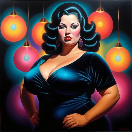 Prompt: 1970s black velvet painting in style of Vladimir Tretchikoff. Featuring attractive plus size curvy disco woman. Moody vibrant glowing lighting illuminated on skin.  Black background. Sensual, mysterious intriguing, dark, moody, sensual. 