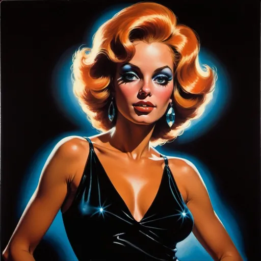 Prompt: 1970s Black Velvet painting of a disco woman. With glowing vibrant Moody lighting. Earl Norem. Sensual. 